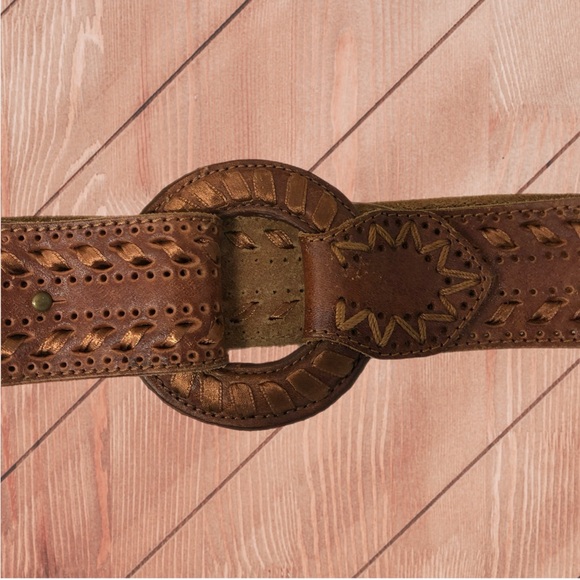 Leather Belt + Buckle Matching Ribbon Accent Stitching Boho Western Cowgirl - Picture 2 of 5